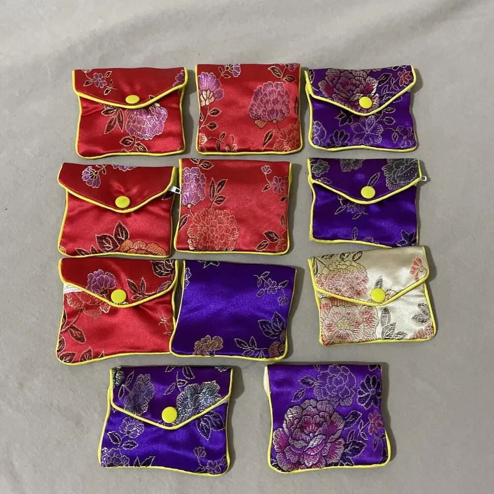 11 Silk Chinese Embroidered Jewelry Purses Pouch Red Gold Purple Zipper/button